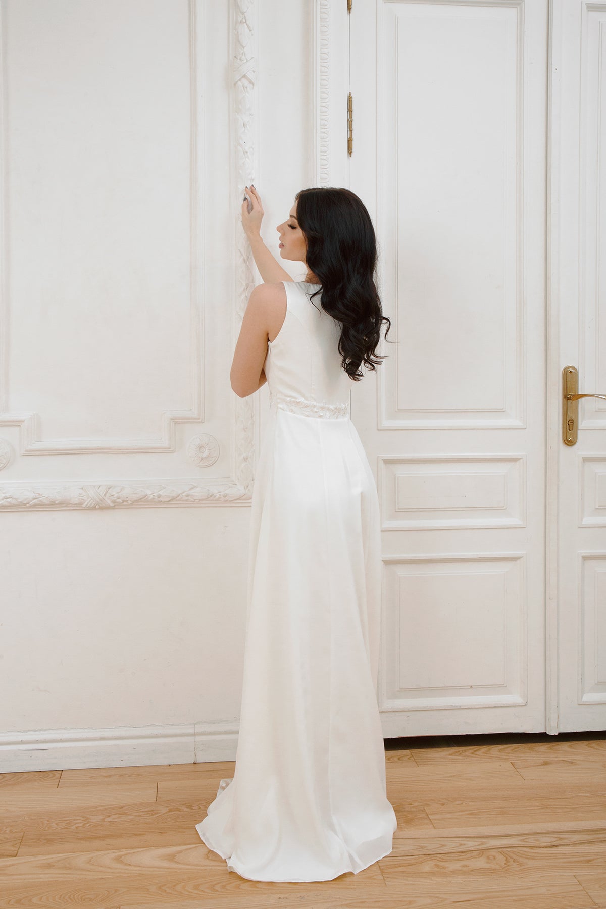 Nina crepe chiffon wedding dress full-length back view