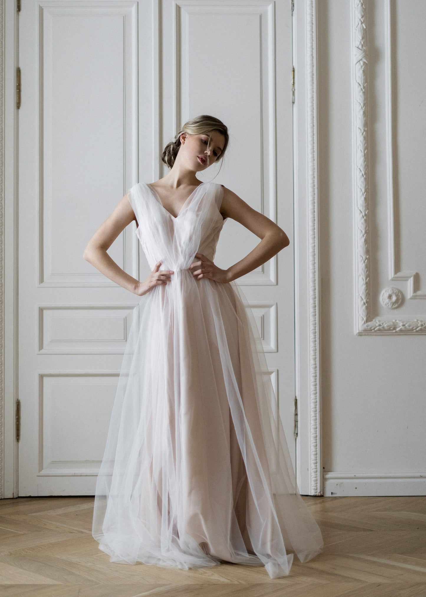 Bride in Peony blush wedding dress, full-length front view
