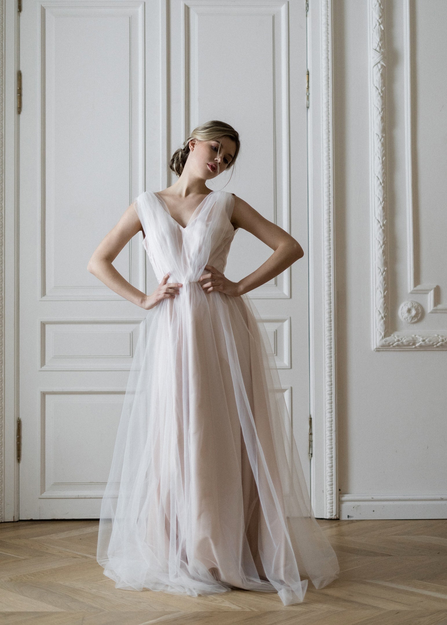 Bride in Peony blush wedding dress, full-length front view