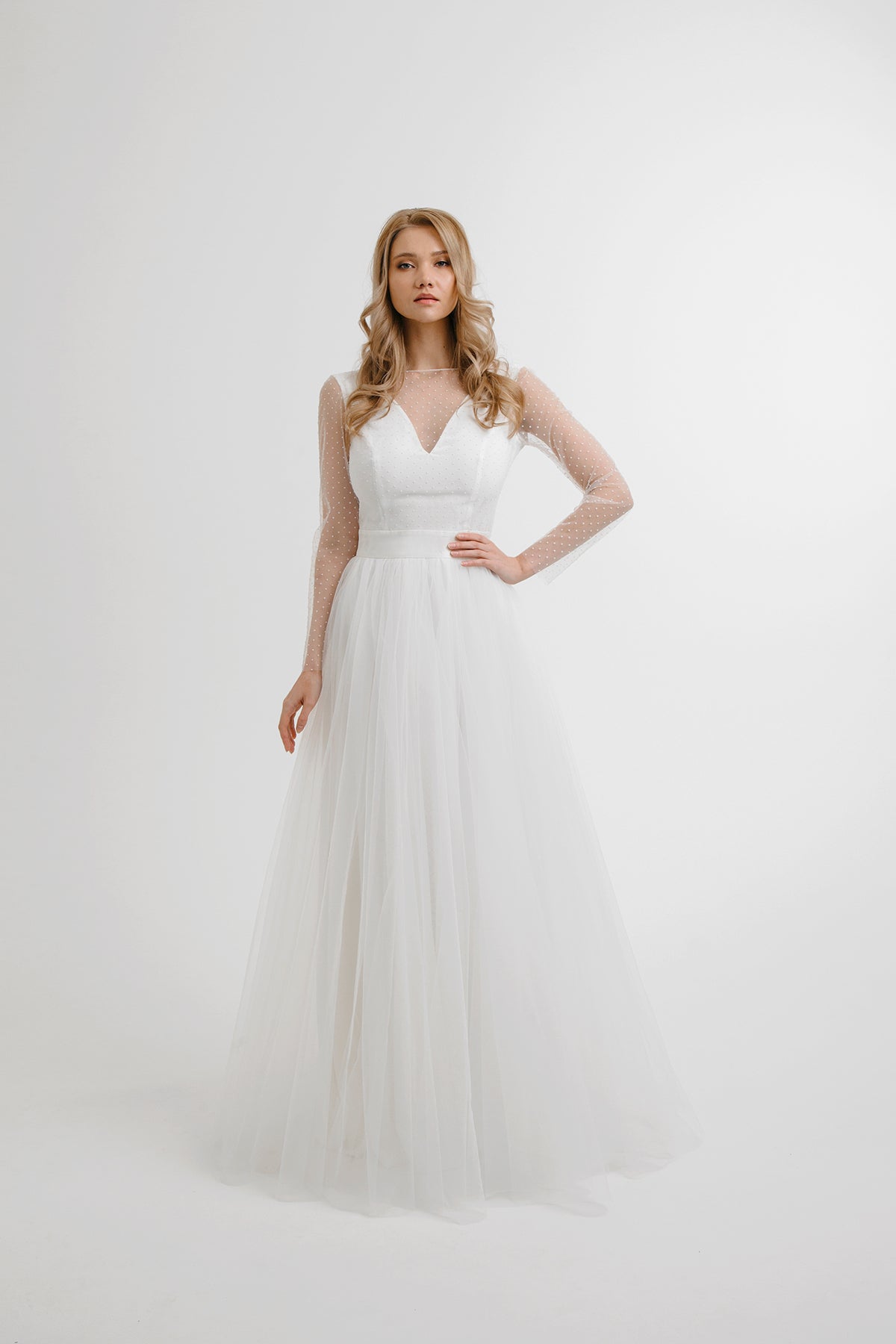 White Orchid polka-dot tulle wedding dress, front view with full tulle skirt