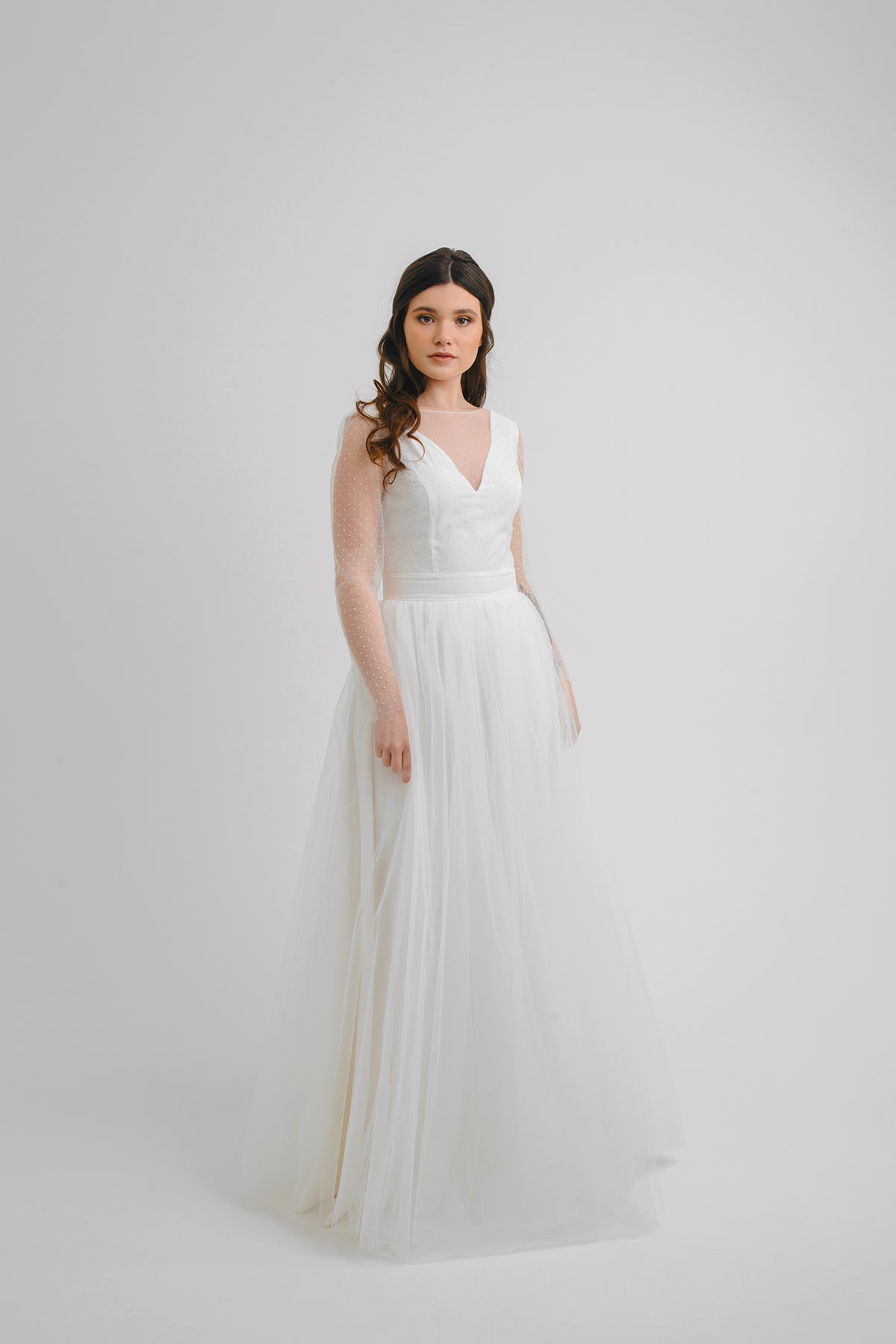 White Orchid wedding dress full length, front view with soft tulle skirt