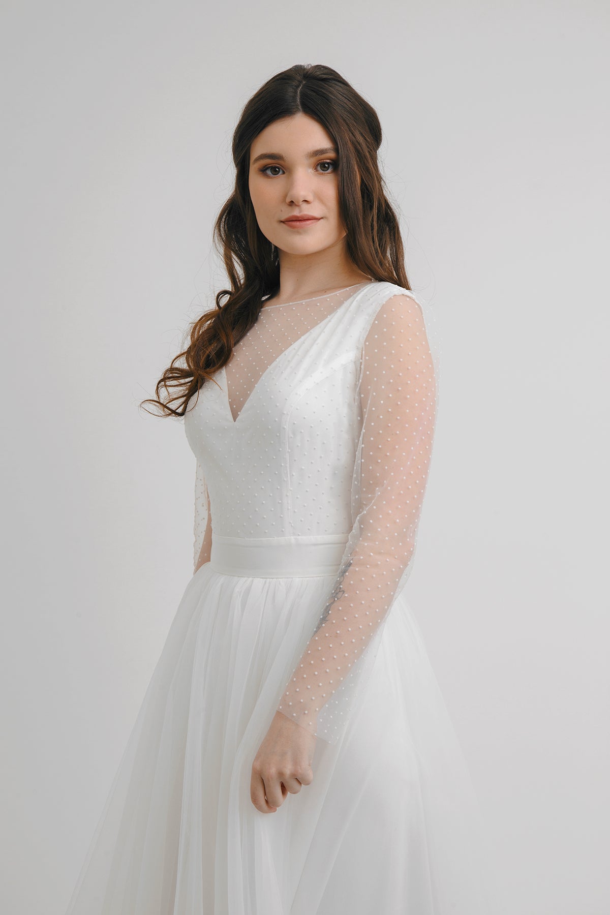 White Orchid wedding dress front detail showing dotted tulle and camisole neckline