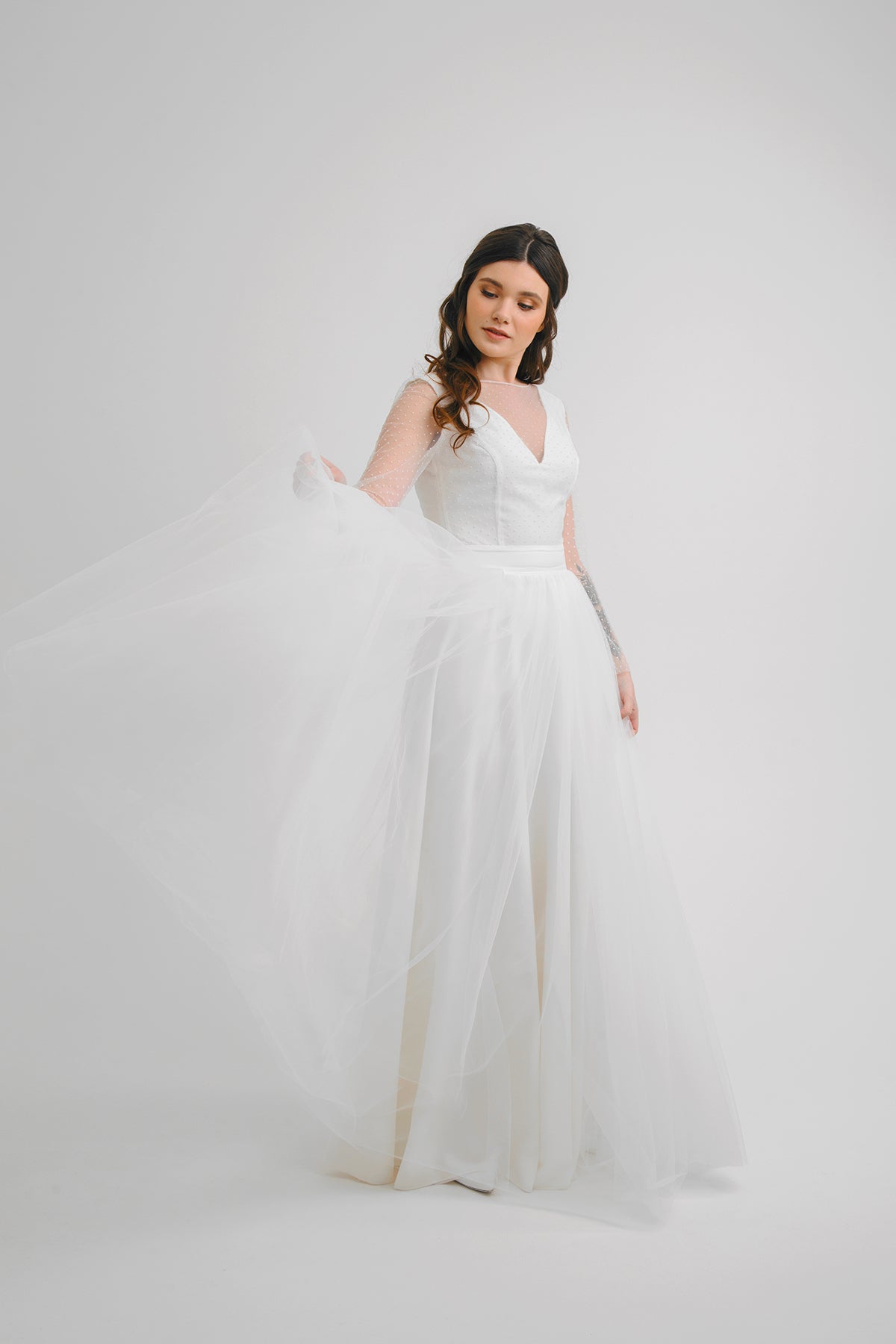 White Orchid wedding dress with tulle skirt in motion, full length